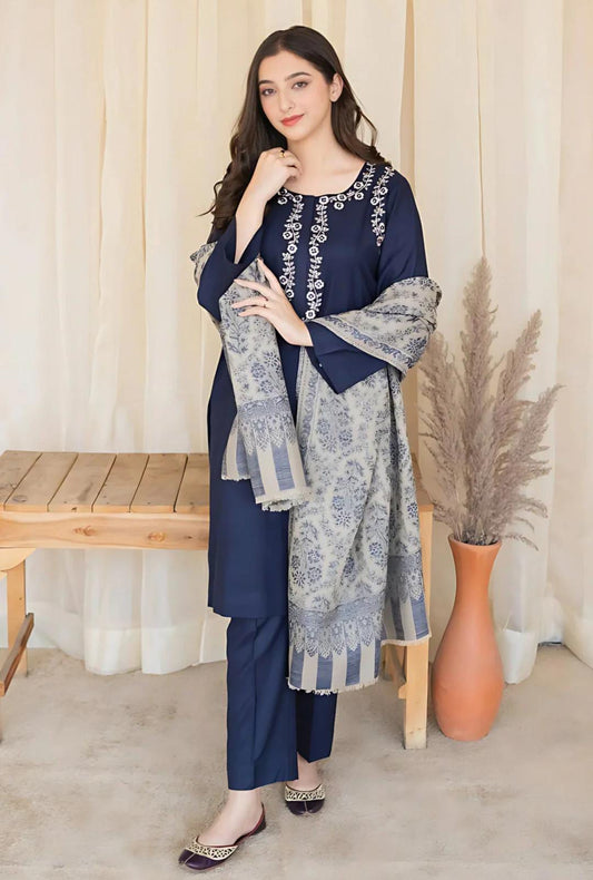 3 Piece - Unstitched Dhanak Thick Embroidered Suit With Digital Printed Wool Shawl ZS-031