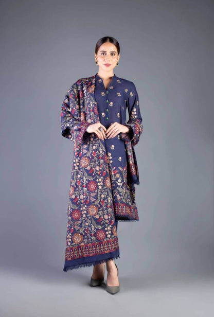 3 Piece - Unstitched Dhanak Stuff Heavy Embroidered Suit With Weighty Embroidered Shawl  ZS-016