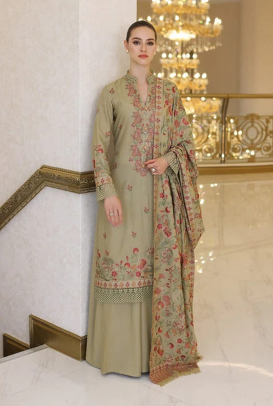 3 Piece - Unstitched Dhanak Stuff Heavy Embroidered Suit With Weighty Embroidered Shawl ZS-020