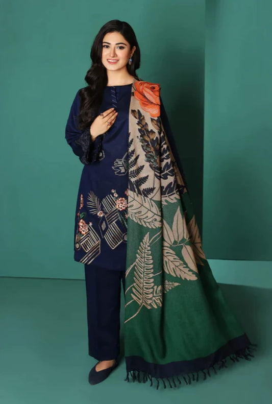 3 Piece - Unstitched Dhanak Thick Embroidered Suit With Digital Printed Wool Shawl ZS-027