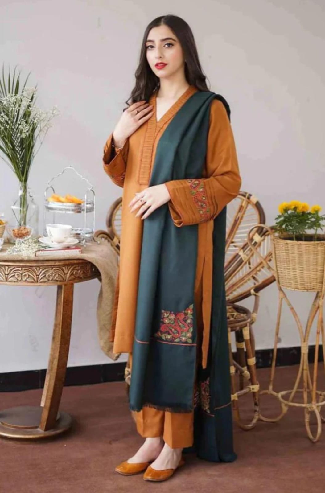 3 Piece - Unstitched Dhanak Thick Embroidered Suit With Heavy Embroidered Dhanak Shawl  ZS-014