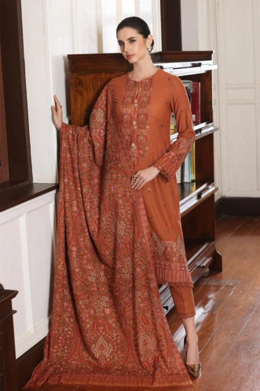 Dhanak Fabric - 3 Piece Unstitched Hefty Embroidered Dress With Heavy Embroidered Shawl ZS-021