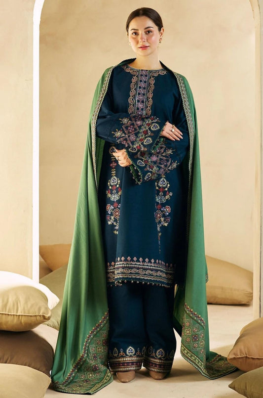 Dhanak Fabric 3-Piece Unstitched Fully Embroidered Dress Including Hefty Embroidered Shawl   ZS-008